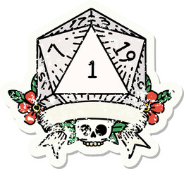 natural one d20 dice roll grunge sticker
