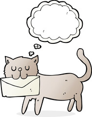 cartoon cat carrying letter with thought bubble