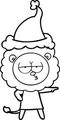 line drawing of a bored lion wearing santa hat