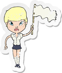 retro distressed sticker of a cartoon woman waving white flag