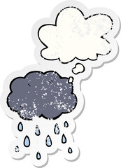 cartoon cloud raining and thought bubble as a distressed worn sticker