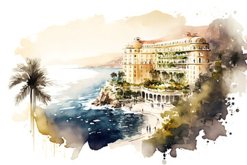 AI Generative, Mediterranean sea Monaco resort with traditional architecture, watercolor style illustration