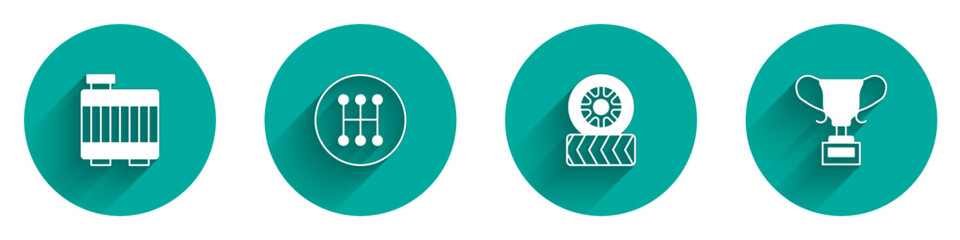 Set Car radiator cooling system, Gear shifter, tire wheel and Award cup icon with long shadow. Vector