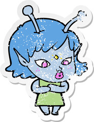distressed sticker of a pretty cartoon alien girl