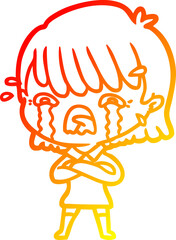 warm gradient line drawing cartoon girl crying