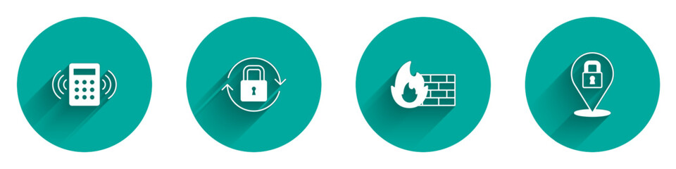 Set Security keypad access panel, Lock, Firewall, security wall and icon with long shadow. Vector