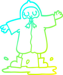 cold gradient line drawing cartoon person splashing in puddle wearing rain coat
