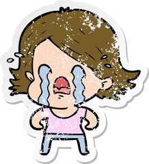 distressed sticker of a cartoon woman crying