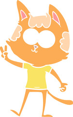 happy flat color style cartoon cat giving peace sign
