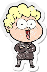 distressed sticker of a cartoon happy man
