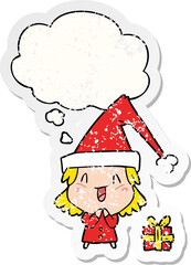 cartoon girl wearing christmas hat and thought bubble as a distressed worn sticker