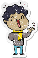 distressed sticker of a cartoon happy man
