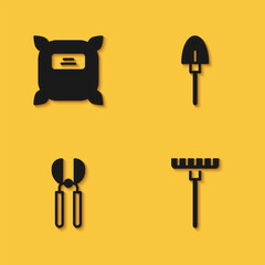 Set Pack full of seeds, Garden rake, Gardening scissors and Shovel icon with long shadow. Vector