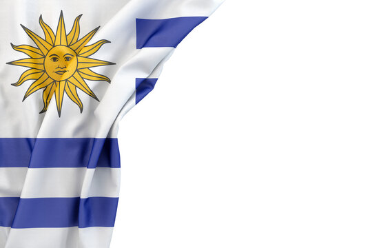 Flag of Uruguay in the corner on white background. 3D rendering. Isolated