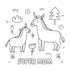 Super Mom black and white print with a cute mother donkey and her baby foal. Funny animals family coloring page for Mother’s Day. Vector illustration