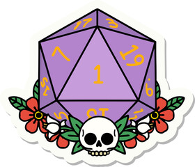 natural one dice roll with floral elements sticker