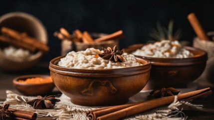 Bowl of food with a few cinnamon sticks on top. The bowl is brown and the cinnamon sticks are brown and white