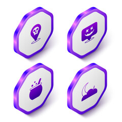 Set Isometric Skull, Happy Halloween holiday, witch cauldron and Moon and stars icon. Purple hexagon button. Vector