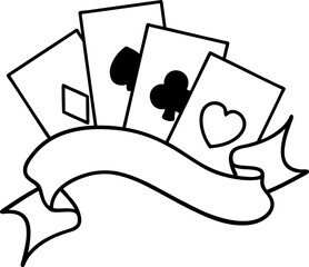 black line tattoo of cards and banner