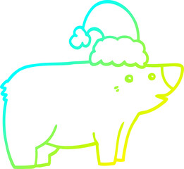 cold gradient line drawing cartoon bear wearing christmas hat
