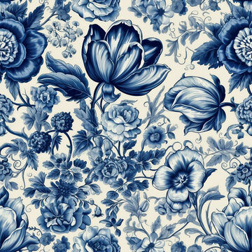 Dutch blue floral design. Tiling pattern. 