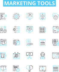 Marketing tools vector line icons set. Tools, Marketing, CRM, SEO, Email, Social, Analytics illustration outline concept symbols and signs