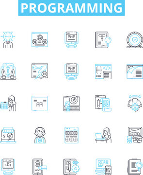 Programming vector line icons set. Programming, coding, scripting, coding language, algorithm, debugging, software illustration outline concept symbols and signs