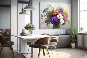 Fototapeta na wymiar Bouquet of spring wildflowers in glass vase on table in modern interior room, 8 march and woman mother day card, generative ai.