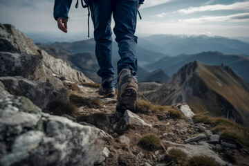 Cloe up of mountains boots of a hiker in mountain, active healthy lifestyle adventure journey, generative ai