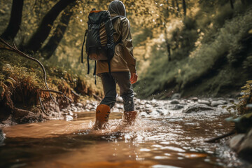 a person hiking outdoors in the river, generative ai
