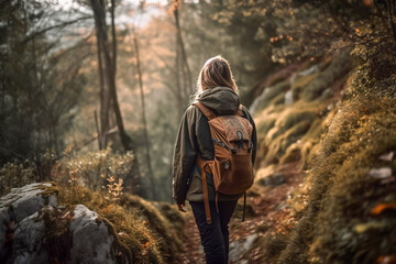 a woman hiking outdoors in mountain, generative ai