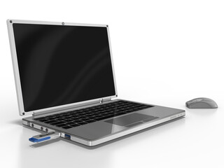 3d Laptop, Notebook mit eingestecktem USB Stick und Mouse in grau, freigestellter Hintergrund transparent