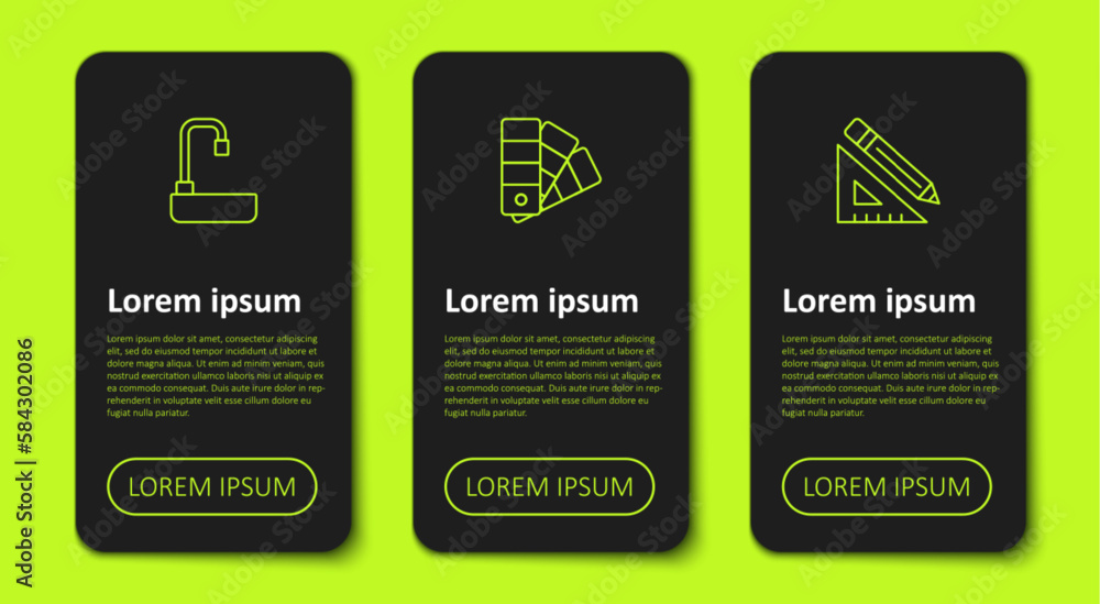 Poster set line washbasin, color palette guide and triangular ruler and pencil. business infographic templa