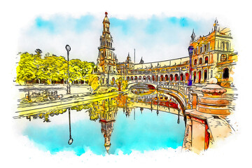 Plaza de Espana, Sevilla, Spain, watercolor sketch illustration. - obrazy, fototapety, plakaty