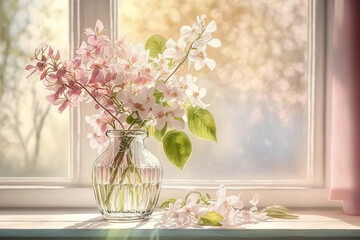 Bouquet of spring wildflowers in glass vase on windowsill, 8 march and woman mother day card, generative ai.