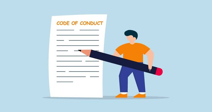 4k animation of Code of conduct. businessman writing code of conduct document