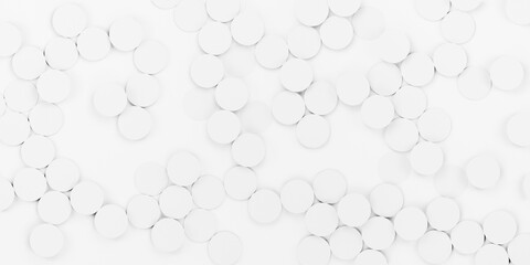 Abstract white round circular objects background, flat lay view from above, 3D circles in random order