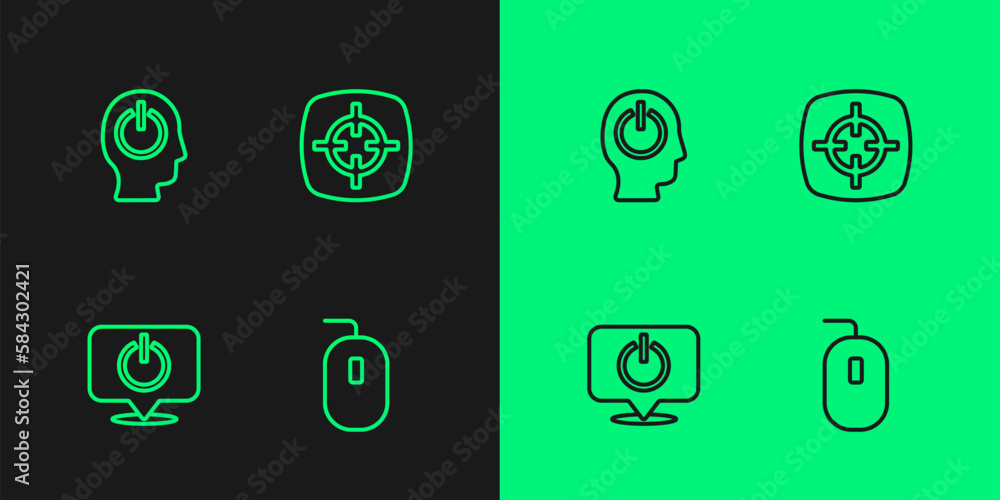 Poster set line computer mouse, power button, and target sport icon. vector