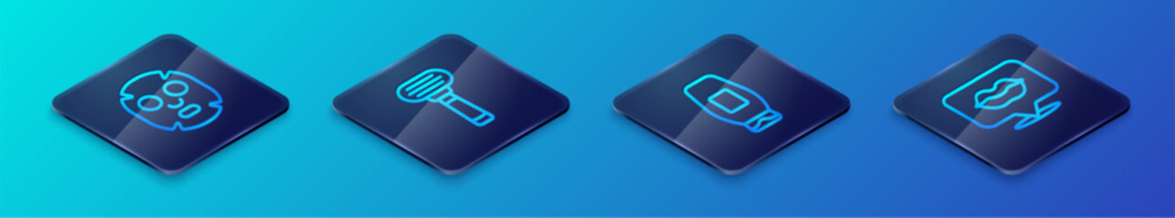 Set Isometric line Bottle of shampoo, Facial cosmetic mask, Smiling lips and Shaving razor icon. Vector