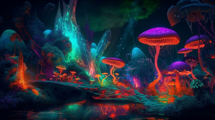 Fototapeta premium AI Generated Art of Magic illustrations of Mushrooms and magic planets