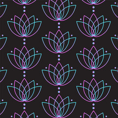 Fototapeta Neon lotus flower pattern on a black background obraz