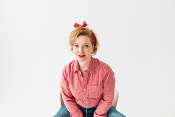 Beautiful woman portrait in light studio. Adult beauty age