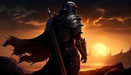 Dark fantasy knight in shining armor, cape, sword, castle, sunrise, digital art, artistic. Generative AI.