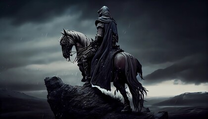 Dark fantasy knight in shining armor, cape, sword, castle, sunrise, digital art, artistic. Generative AI. - obrazy, fototapety, plakaty