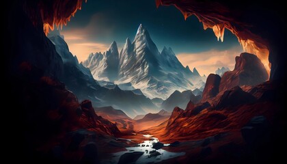  Realm of Earth, a chain of mountains rising higher than any mountain range, no air surrounds the peaks of its highest mountains, caves and caverns honeycomb the mountains, Expansive View. 