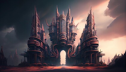 Naklejka premium Medieval fortress. Large ancient, Middle Ages castle in the sunlight. Cinematic castle fort with a historic town. Generative AI. 