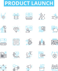 Product launch vector line icons set. Launch, Product, Concept, Promotion, Strategy, Research, Audience illustration outline concept symbols and signs