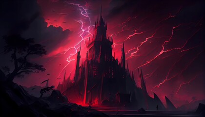 A huge dark castle, evil, thunder, heroic fantasy, different layers, red glowy light, complex composition. Generative AI.
