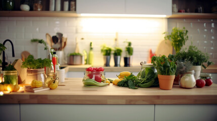 Fototapeta na wymiar A brightly lit kitchen with a fresh spring mood, featuring a colorful array of fresh produce and herbs from a micro garden, Created with generative Ai Technology. 