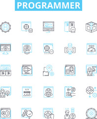 Programmer vector line icons set. Developer, Coder, Engineer, Technician, Analyst, Designer, Hacker illustration outline concept symbols and signs